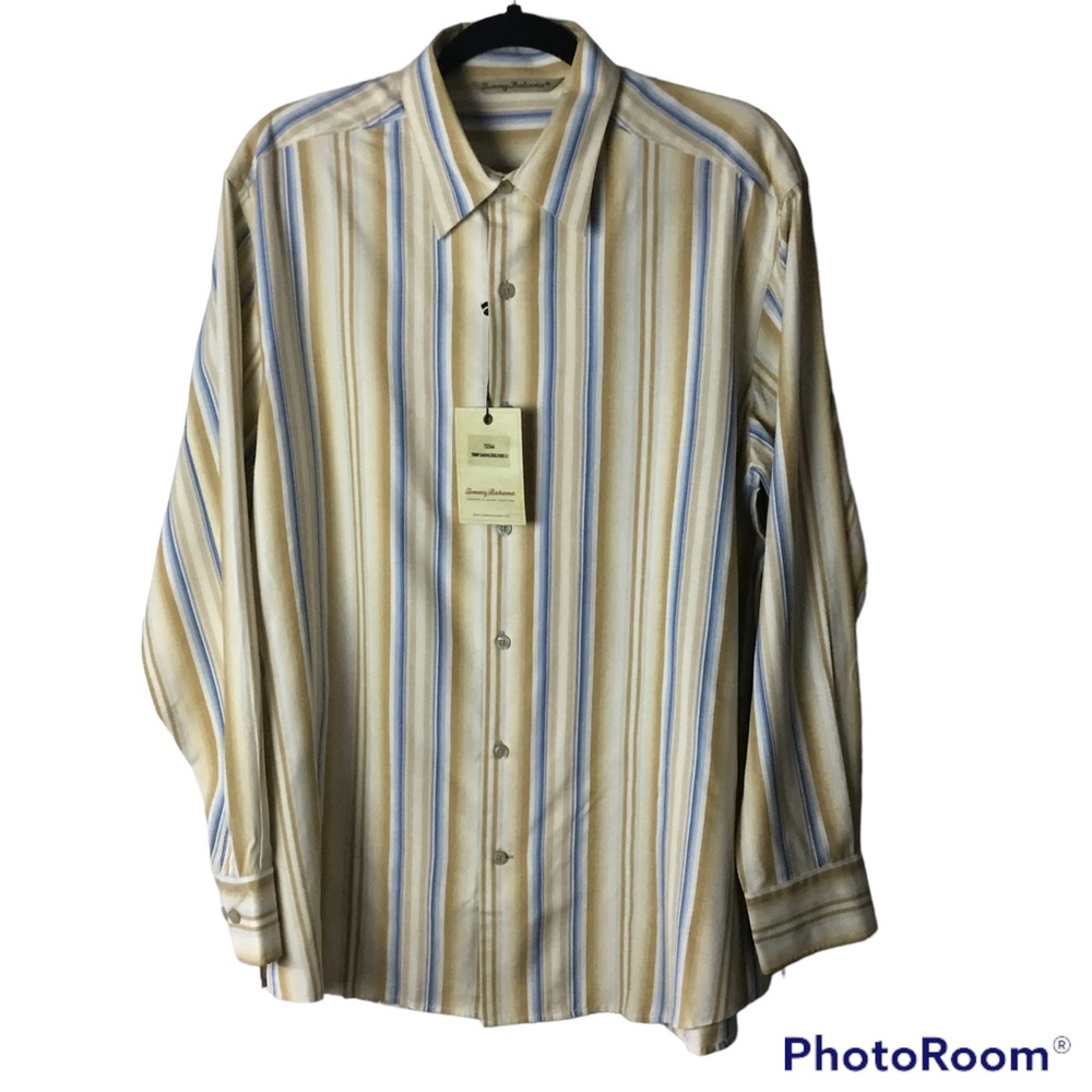 Tommy Bahama Boulevard brown blue striped long sleeve silk shirt. Medium